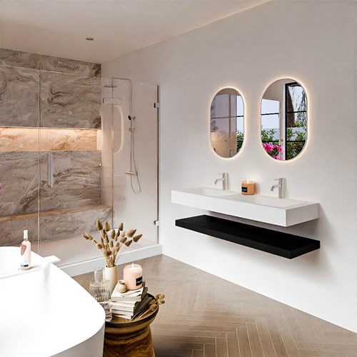 ALAN 130cm badmeubel Solid surface planchet Urban. Vrijhangende wastafel CLOUD Dubbel 2 kraangaten kleur Talc.