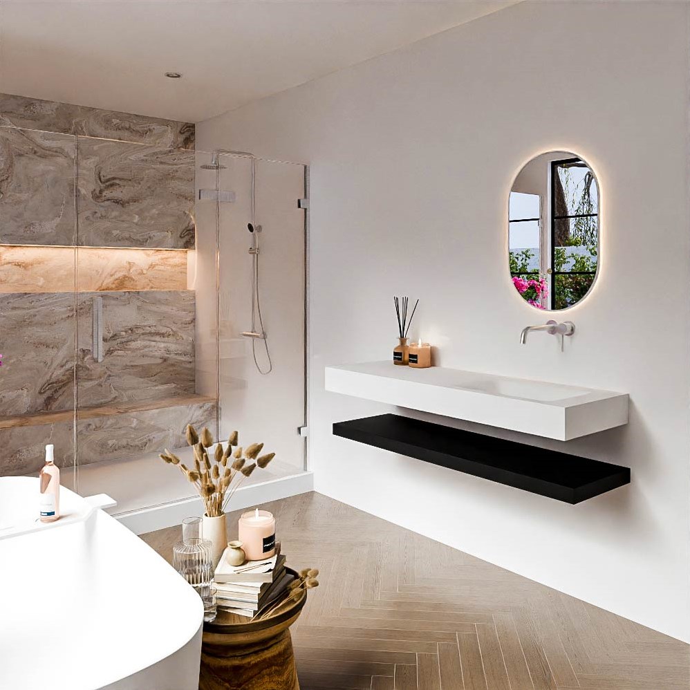 ALAN 140cm badmöbel Solid surface ablageregal Urban. Frei hängende waschtisch CLOUD Rechts kein hahnloch farbe Talc