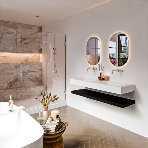 ALAN 140cm badmeubel Solid surface planchet Urban. Vrijhangende wastafel CLOUD Dubbel zonder kraangat kleur Talc.