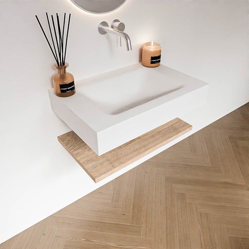 ALAN 70cm bathroom vanity Melamine shelf Washed Oak. Wall mounted sink CLOUD Center without tab hole color Talc.-2