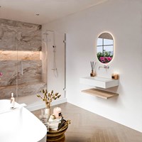 ALAN 70cm bathroom vanity Melamine shelf Washed Oak. Wall mounted sink CLOUD Center without tab hole color Talc.