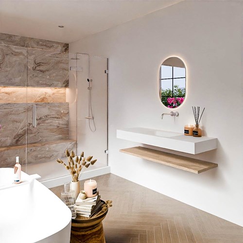 ALAN 130cm badmeubel Melamine planchet Washed Oak. Vrijhangende wastafel CLOUD Midden zonder kraangat kleur Talc.