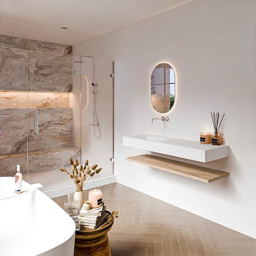ALAN 130cm badmeubel Melamine planchet Washed Oak. Vrijhangende wastafel CLOUD Links zonder kraangat kleur Talc.