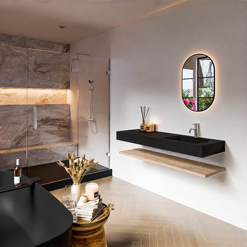 ALAN 140cm badmeubel Melamine planchet Washed Oak. Vrijhangende wastafel CLOUD Rechts 1 kraangat kleur Urban.