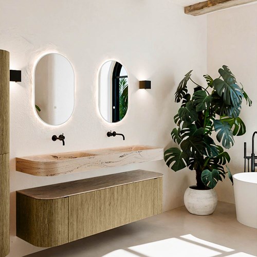 THOR-DLUX 160cm meubles de salle de bains courbe gauche + droite couleur Dusk avec 1 tiroir et 2 portes. Lavabo suspendu CLOUD Double sans trou pour robinet couleur Arena.