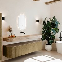 THOR-DLUX 190cm meubles de salle de bains courbe gauche + droite couleur Dusk avec 2 tiroirs et 2 portes. Lavabo suspendu CLOUD Centrée sans trou pour robinet couleur Arena.