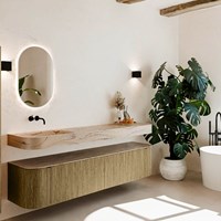 THOR-DLUX 200cm meubles de salle de bains courbe gauche + droite couleur Dusk avec 2 tiroirs et 2 portes. Lavabo suspendu CLOUD Gauche sans trou pour robinet couleur Arena.