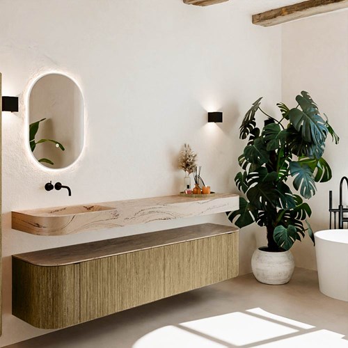 THOR-DLUX 200cm meubles de salle de bains courbe gauche + droite couleur Dusk avec 2 tiroirs et 2 portes. Lavabo suspendu CLOUD Gauche sans trou pour robinet couleur Arena.