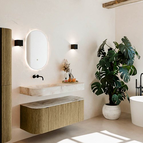 THOR-DLUX 120cm meubles de salle de bains courbe gauche + droite couleur Dusk avec 1 tiroir et 2 portes. Lavabo suspendu CLOUD Gauche sans trou pour robinet couleur Frappe.