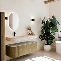 THOR-DLUX 140cm mueble de baño curva izquierda + derecha color Dusk con 1 cajón y 2 puertas. Lavabo suspendido CLOUD Izquierda 1 orificio color Frappe.