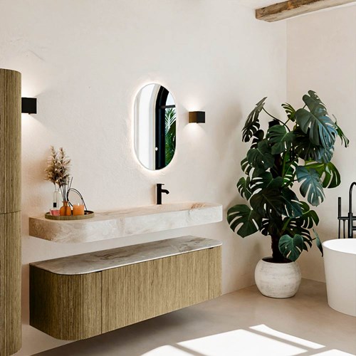 THOR-DLUX 150cm mueble de baño curva izquierda + derecha color Dusk con 1 cajón y 2 puertas. Lavabo suspendido CLOUD Derecho 1 orificio color Frappe.
