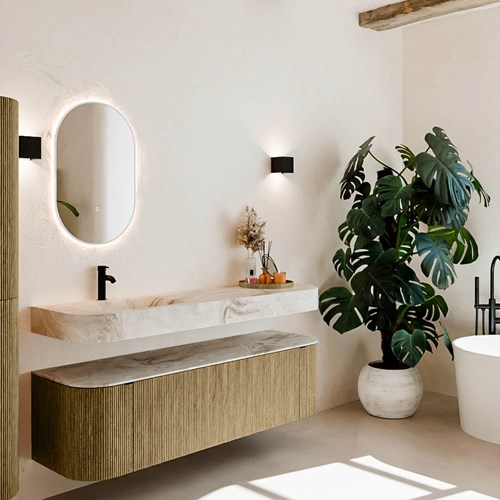 THOR-DLUX 160cm meubles de salle de bains courbe gauche + droite couleur Dusk avec 1 tiroir et 2 portes. Lavabo suspendu CLOUD Gauche 1 trou pour robinetter couleur Frappe.