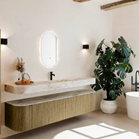 THOR-DLUX 200cm meubles de salle de bains courbe gauche + droite couleur Dusk avec 2 tiroirs et 2 portes. Lavabo suspendu CLOUD Centrée 1 trou pour robinetter couleur Frappe.
