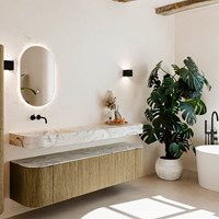 THOR-DLUX 180cm mueble de baño curva izquierda + derecha color Dusk con 2 cajones y 2 puertas. Lavabo suspendido CLOUD Izquierda sin orificio color Glace.