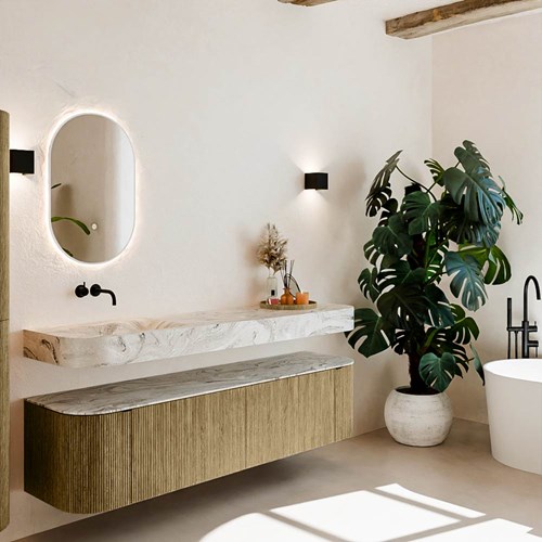 THOR-DLUX 180cm mueble de baño curva izquierda + derecha color Dusk con 2 cajones y 2 puertas. Lavabo suspendido CLOUD Izquierda sin orificio color Glace.