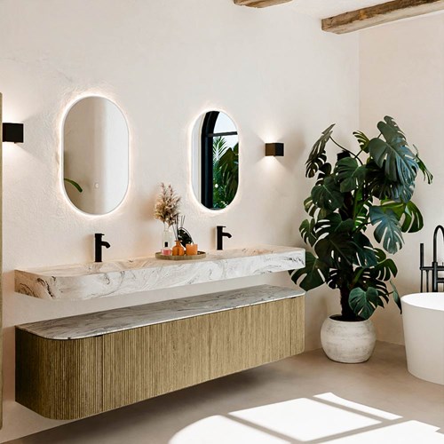 THOR-DLUX 200cm mueble de baño curva izquierda + derecha color Dusk con 2 cajones y 2 puertas. Lavabo suspendido CLOUD Doble 2 orificios color Glace.