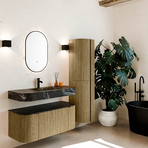 THOR-DLUX 110cm mueble de baño curva izquierda + derecha color Dusk con 1 cajón y 2 puertas. Lavabo suspendido CLOUD Centro 1 orificio color Lava.