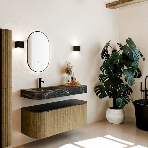 THOR-DLUX 120cm bathroom vanity set curve left + right color Dusk with 1 drawer and 2 doors. Floating sink CLOUD Left 1 tab hole color Lava.