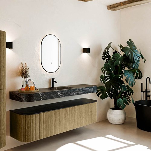 THOR-DLUX 170cm bathroom vanity set curve left + right color Dusk with 1 drawer and 2 doors. Floating sink CLOUD Center 1 tab hole color Lava.