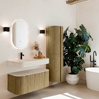 THOR-DLUX 100cm mueble de baño curva izquierda + derecha color Dusk con 1 cajón y 2 puertas. Lavabo suspendido CLOUD Izquierda 1 orificio color Meli.