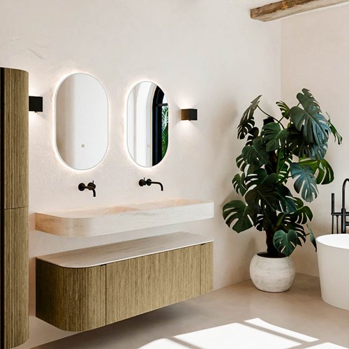 THOR-DLUX 140cm meubles de salle de bains courbe gauche + droite couleur Dusk avec 1 tiroir et 2 portes. Lavabo suspendu CLOUD Double sans trou pour robinet couleur Meli.