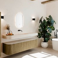 THOR-DLUX 180cm meubles de salle de bains courbe gauche + droite couleur Dusk avec 2 tiroirs et 2 portes. Lavabo suspendu CLOUD Centrée sans trou pour robinet couleur Meli.