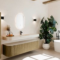 THOR-DLUX 180cm mueble de baño curva izquierda + derecha color Dusk con 2 cajones y 2 puertas. Lavabo suspendido CLOUD Centro 1 orificio color Meli.