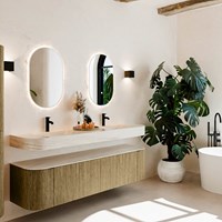 THOR-DLUX 180cm bathroom vanity set curve left + right color Dusk with 2 drawers and 2 doors. Wall mounted sink CLOUD Double 2 tab holes color Meli.
