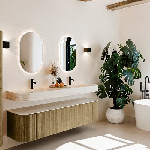 THOR-DLUX 180cm bathroom vanity set curve left + right color Dusk with 2 drawers and 2 doors. Wall mounted sink CLOUD Double 2 tab holes color Meli.