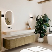 THOR-DLUX 190cm bathroom vanity set curve left + right color Dusk with 2 drawers and 2 doors. Wall mounted sink CLOUD Left without tab hole color Meli.