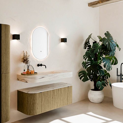 THOR-DLUX 120cm mueble de baño curva izquierda + derecha color Dusk con 1 cajón y 2 puertas. Lavabo suspendido CLOUD Centro sin orificio color Nata.