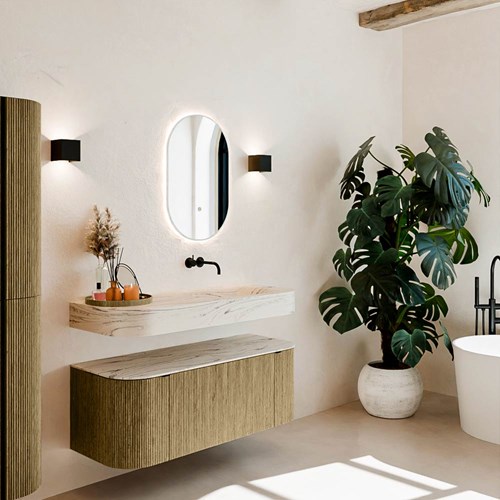 THOR-DLUX 120cm meubles de salle de bains courbe gauche + droite couleur Dusk avec 1 tiroir et 2 portes. Lavabo suspendu CLOUD Droite sans trou pour robinet couleur Nata.