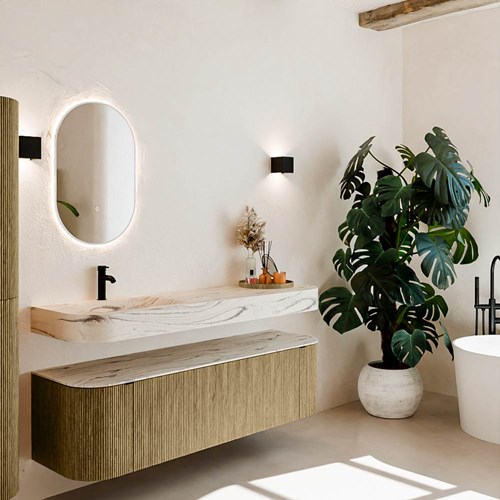THOR-DLUX 160cm mueble de baño curva izquierda + derecha color Dusk con 1 cajón y 2 puertas. Lavabo suspendido CLOUD Izquierda 1 orificio color Nata.