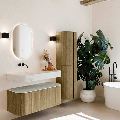 THOR-DLUX 110cm bathroom vanity set curve left + right color Dusk with 1 drawer and 2 doors. Floating sink CLOUD Left without tab hole color Opalo.