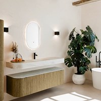 THOR-DLUX 160cm mueble de baño curva izquierda + derecha color Dusk con 1 cajón y 2 puertas. Lavabo suspendido CLOUD Centro 1 orificio color Opalo.