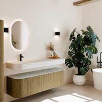 THOR-DLUX 160cm mueble de baño curva izquierda + derecha color Dusk con 1 cajón y 2 puertas. Lavabo suspendido CLOUD Izquierda 1 orificio color Opalo.