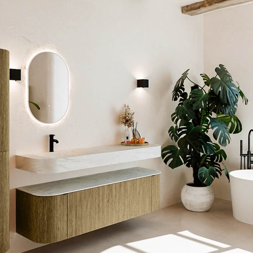 THOR-DLUX 160cm mueble de baño curva izquierda + derecha color Dusk con 1 cajón y 2 puertas. Lavabo suspendido CLOUD Izquierda 1 orificio color Opalo.