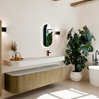 THOR-DLUX 180cm meubles de salle de bains courbe gauche + droite couleur Dusk avec 2 tiroirs et 2 portes. Lavabo suspendu CLOUD Droite 1 trou pour robinetter couleur Opalo.