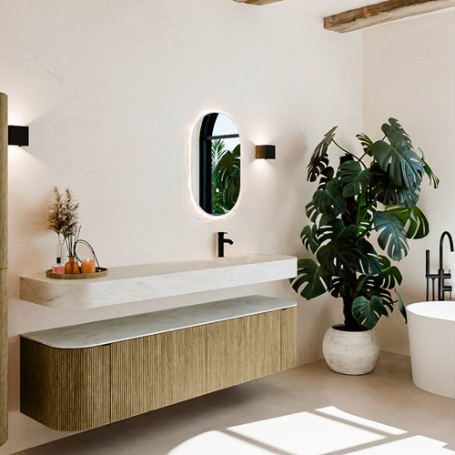 THOR-DLUX 180cm meubles de salle de bains courbe gauche + droite couleur Dusk avec 2 tiroirs et 2 portes. Lavabo suspendu CLOUD Droite 1 trou pour robinetter couleur Opalo.
