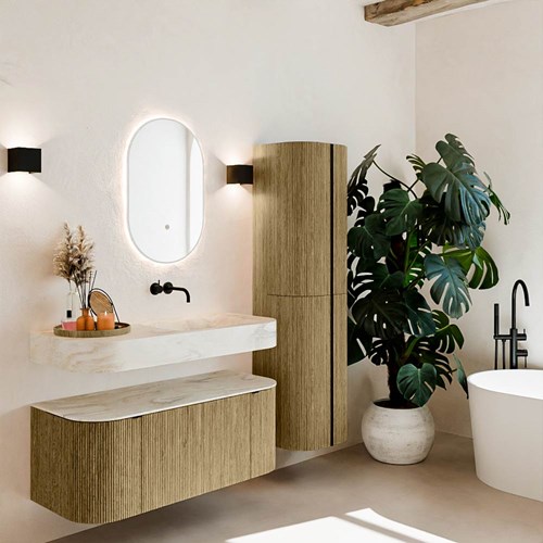 THOR-DLUX 110cm meubles de salle de bains courbe gauche + droite couleur Dusk avec 1 tiroir et 2 portes. Lavabo suspendu CLOUD Droite sans trou pour robinet couleur Ostra.