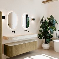 THOR-DLUX 160cm bathroom vanity set curve left + right color Dusk with 1 drawer and 2 doors. Floating sink CLOUD Double without tab hole color Ostra.