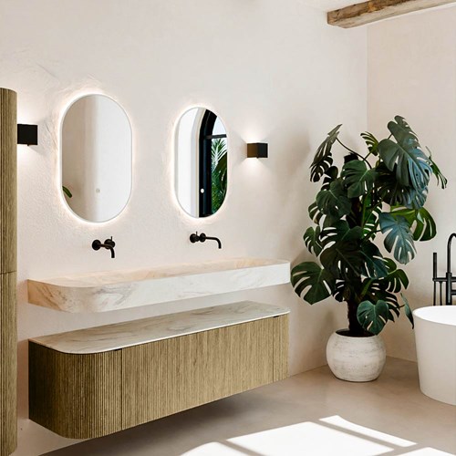 THOR-DLUX 160cm bathroom vanity set curve left + right color Dusk with 1 drawer and 2 doors. Floating sink CLOUD Double without tab hole color Ostra.