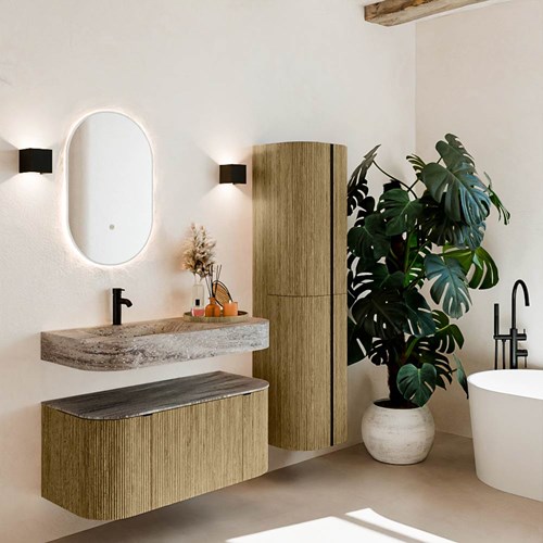 THOR-DLUX 100cm mueble de baño curva izquierda + derecha color Dusk con 1 cajón y 2 puertas. Lavabo suspendido CLOUD Izquierda 1 orificio color Oza.