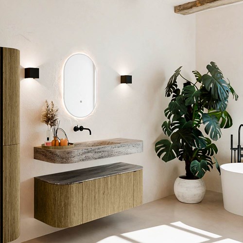 THOR-DLUX 120cm bathroom vanity set curve left + right color Dusk with 1 drawer and 2 doors. Wall mounted sink CLOUD Center without tab hole color Oza.