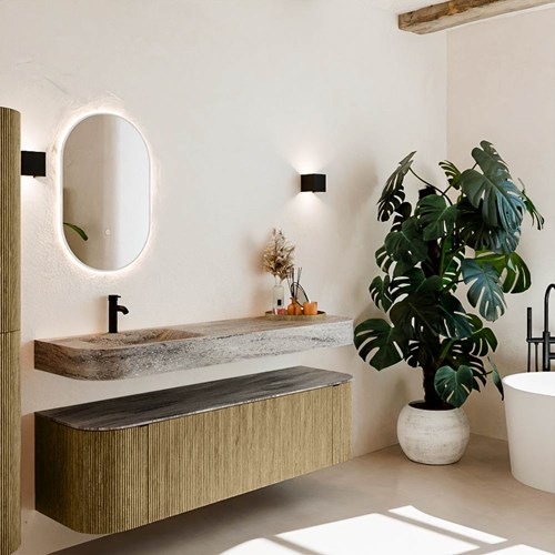 THOR-DLUX 160cm meubles de salle de bains courbe gauche + droite couleur Dusk avec 1 tiroir et 2 portes. Lavabo suspendu CLOUD Gauche 1 trou pour robinetter couleur Oza.