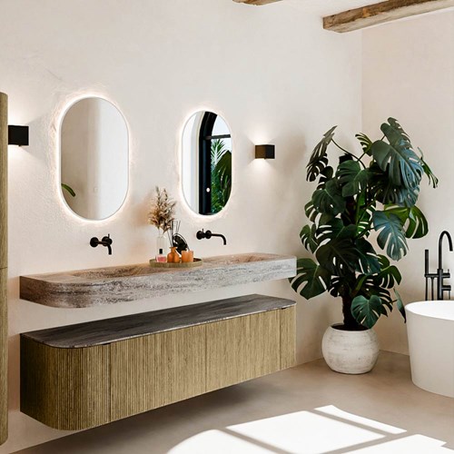 THOR-DLUX 180cm bathroom vanity set curve left + right color Dusk with 2 drawers and 2 doors. Wall mounted sink CLOUD Double without tab hole color Oza.