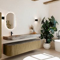 THOR-DLUX 190cm meubles de salle de bains courbe gauche + droite couleur Dusk avec 2 tiroirs et 2 portes. Lavabo suspendu CLOUD Gauche 1 trou pour robinetter couleur Oza.