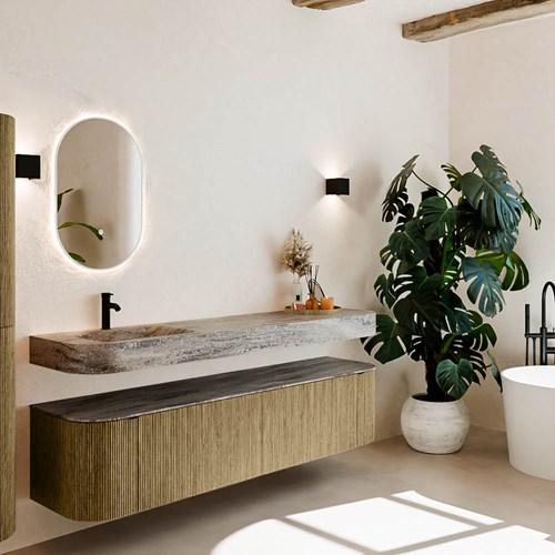 THOR-DLUX 190cm meubles de salle de bains courbe gauche + droite couleur Dusk avec 2 tiroirs et 2 portes. Lavabo suspendu CLOUD Gauche 1 trou pour robinetter couleur Oza.