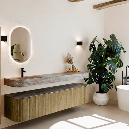 THOR-DLUX 200cm meubles de salle de bains courbe gauche + droite couleur Dusk avec 2 tiroirs et 2 portes. Lavabo suspendu CLOUD Gauche 1 trou pour robinetter couleur Oza.