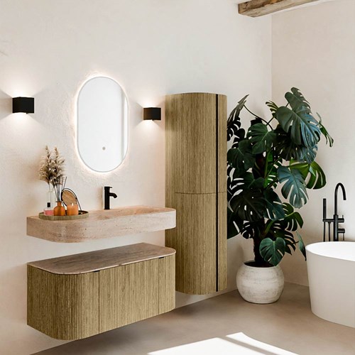 THOR-DLUX 100cm meubles de salle de bains courbe gauche + droite couleur Dusk avec 1 tiroir et 2 portes. Lavabo suspendu CLOUD Droite 1 trou pour robinetter couleur Saba.
